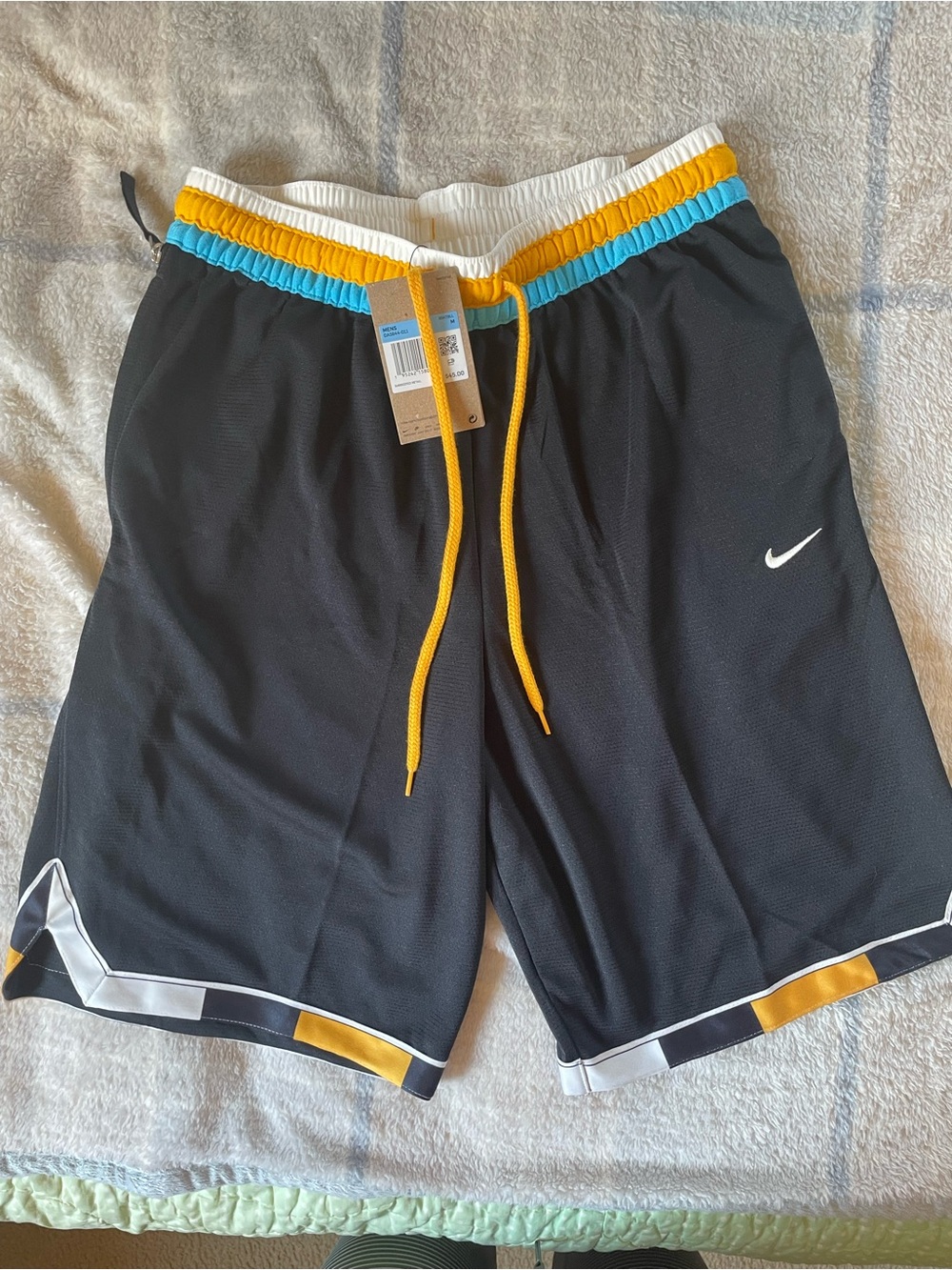 Nike Black Athletic Shorts with Yellow Drawcord and Blue Waist Trim
